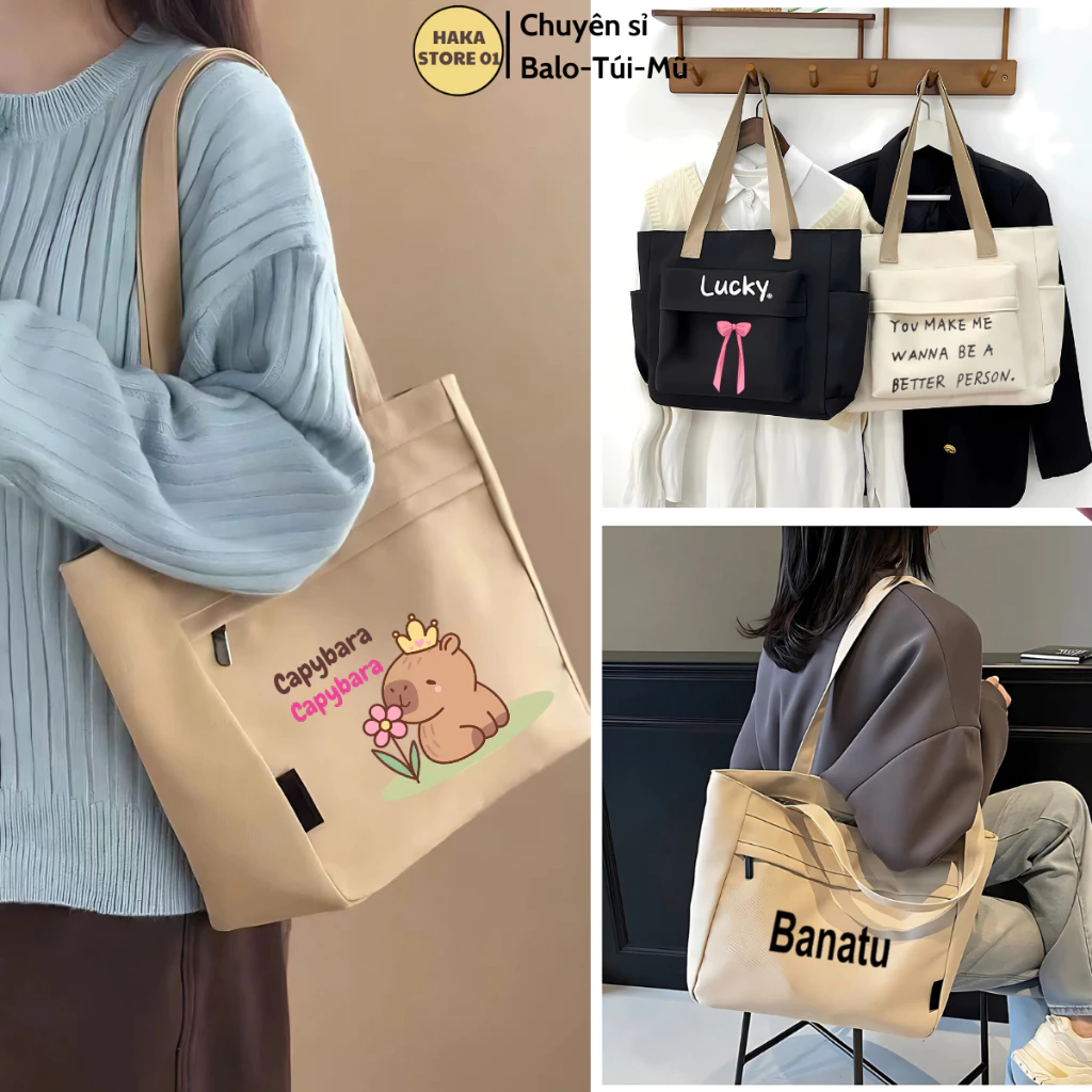 Túi tote túi vải 2 lớp dày dặn canvas phong cách Hàn quốc, có khóa miệng ngăn phụ bên trong thời trang ulzzang